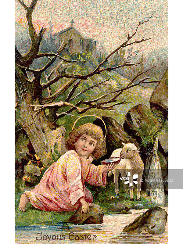 这是一张复古的复活节明信片，画的是一个小天使和一只羔羊在河边，背景是一座教堂图片素材