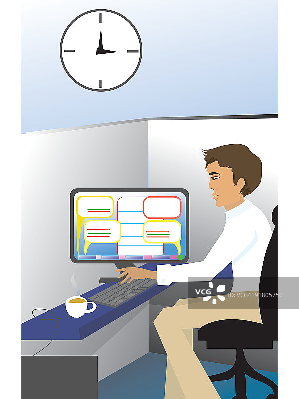一个男人坐在他的办公桌上，在一个开放的办公环境中，他的电脑上到处都是即时通讯泡泡图片素材