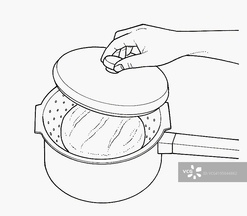 黑白插图，用蒸锅在漏勺中蒸熟的面包图片素材