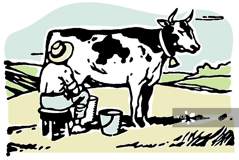 一个男人在田里挤牛奶图片素材