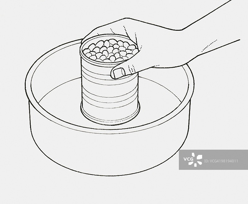 黑色和白色插图的手拿着一罐豆子在蛋糕锡中间图片素材