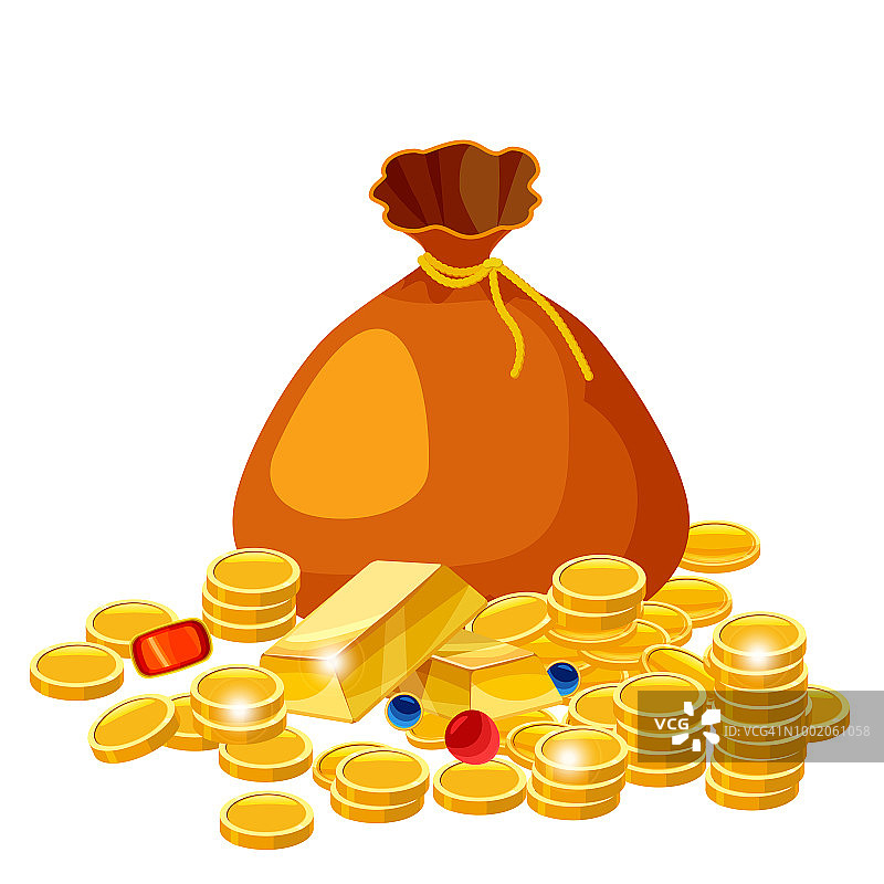 卡通大旧袋金币首饰。现金奖励矢量概念。袋子与黄金硬币，插图的钱，孤立在白色的背景图片素材