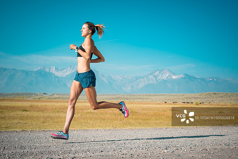 精英女子运动员Trail跑步在塞拉山脉，加利福尼亚图片素材