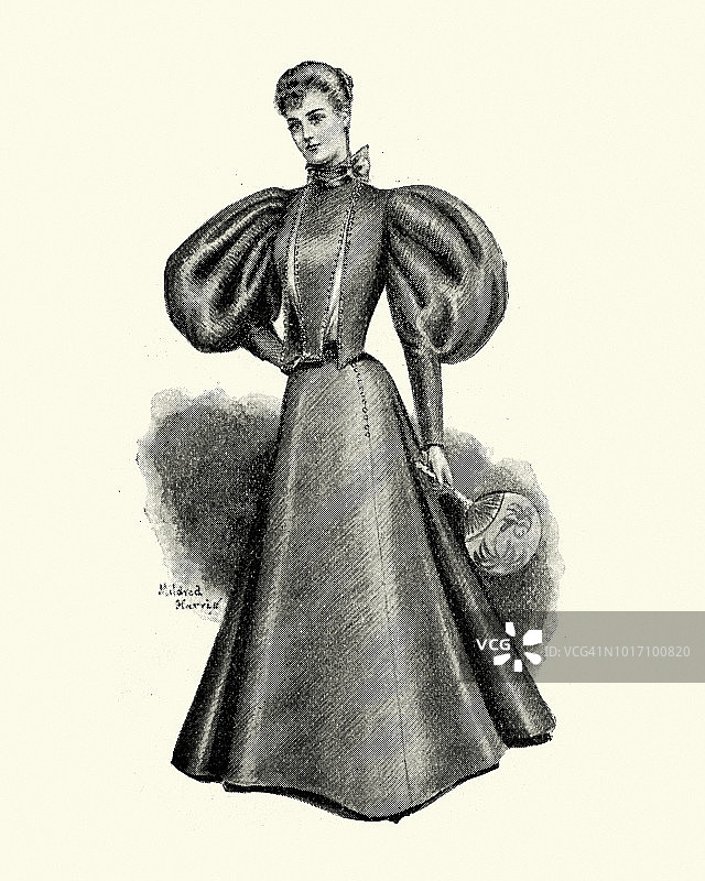 十九世纪九十年代的维多利亚时尚，穿着蓬松袖子的女人图片素材