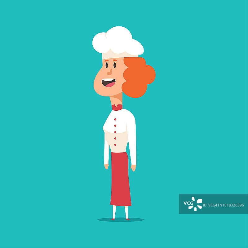 滑稽的女厨师戴着帽子和制服的卡通人物。可爱的厨师矢量插图孤立的背景。图片素材