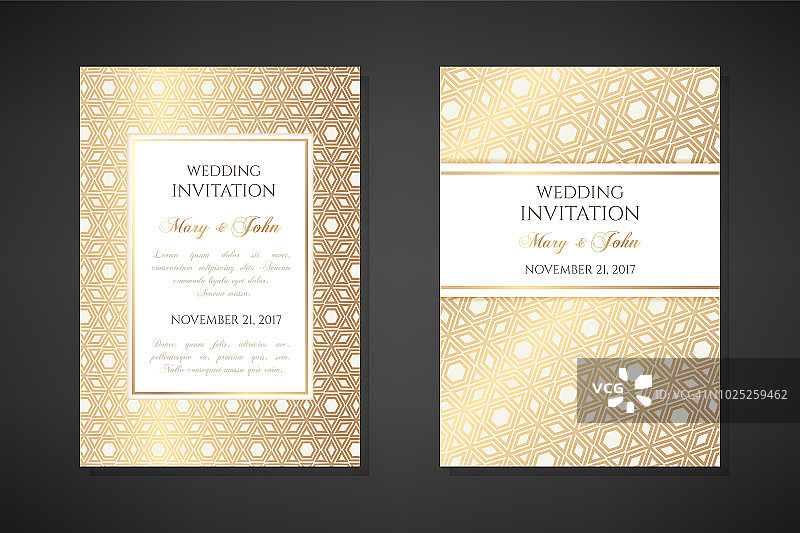 插图与六角形阿拉伯金色纹理。婚礼邀请函模板。图片素材