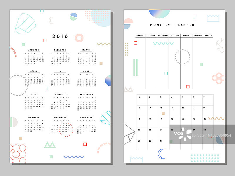 2018年日历和月度计划。图片素材