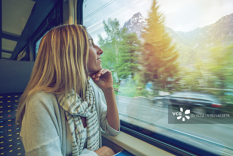 在瑞士乘火车旅行的年轻女子透过窗户看图片素材