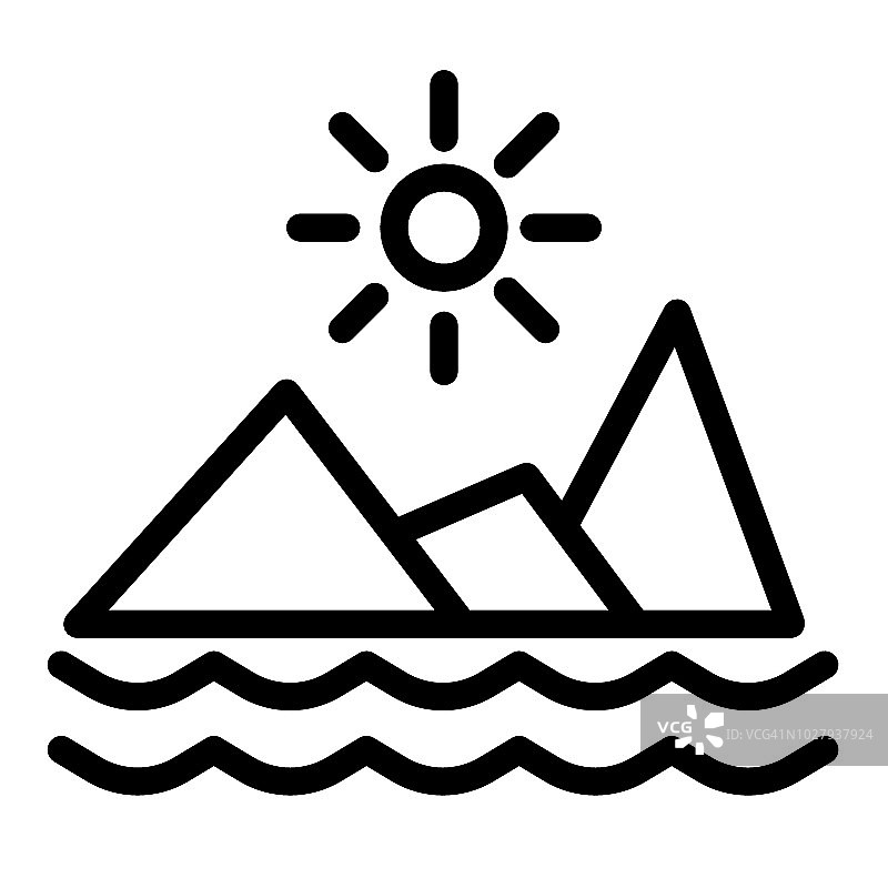 山与海与太阳线的图标。自然矢量插图孤立在白色。山地景观轮廓风格设计，专为网页和应用设计。Eps 10。图片素材