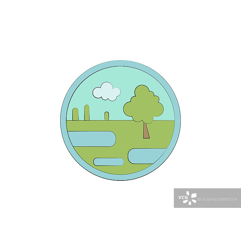 沼泽颜色在圆圈图标。移动概念和web应用的圆形图标中的彩色景观元素。彩色沼泽可以用于网络和移动图片素材