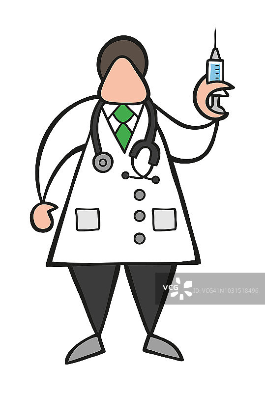 矢量卡通医生男子与听诊器和站，拿着注射器准备注射图片素材