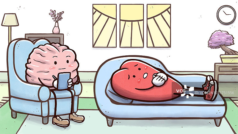 心理学家的大脑和病人的心脏在沙发上进行治疗图片素材