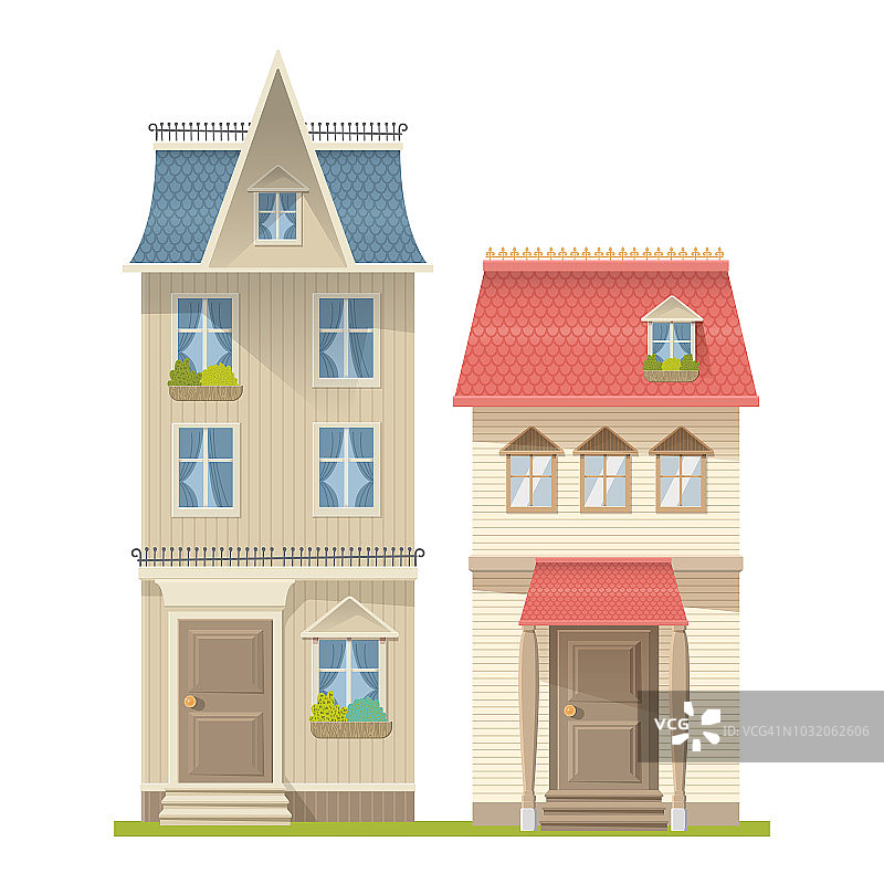 两个彩色住宅，矢量孤立在白色背景，平面插图，传统概念住宅，私人住宅建筑。图片素材