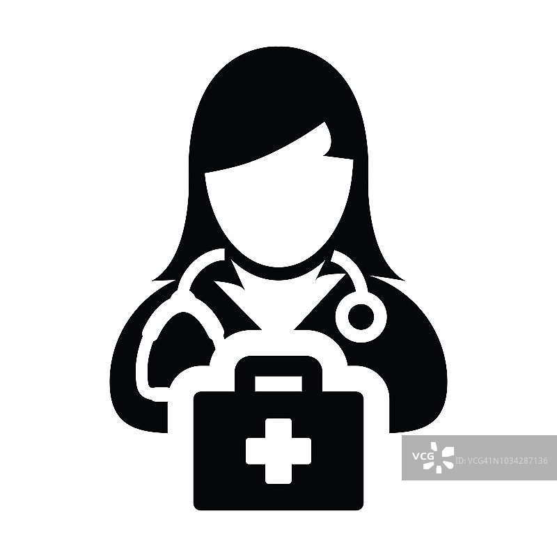 医生图标矢量女性人物形象头像与听诊器和医疗咨询的急救包在象形象形图图片素材