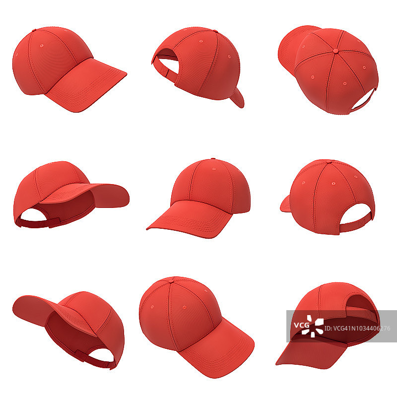 许多红色棒球帽在不同角度挂在白色背景上的3d渲染。图片素材