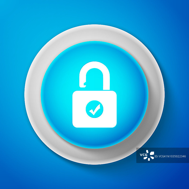白色打开挂锁和检查标记图标隔离在蓝色背景。安全检查锁定标志。用白线圈出蓝色按钮。矢量图图片素材