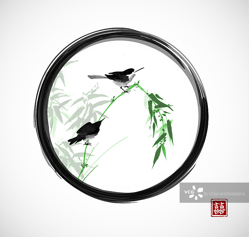 两只小鸟坐在竹枝上，在黑恩索禅宗的圈子里。传统的东方水墨画粟娥、月仙、围棋。象形文字-双倍的运气。图片素材