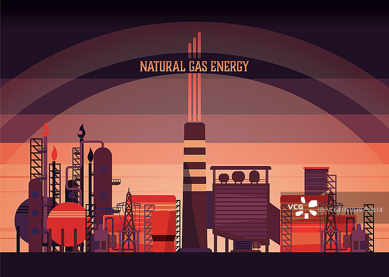 天然气能源，联合循环电厂，天然气电厂在复古图形图片素材