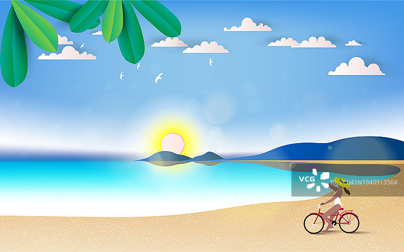 夏天的假期。年轻女子在海滩上骑自行车。健康休闲自由图片素材