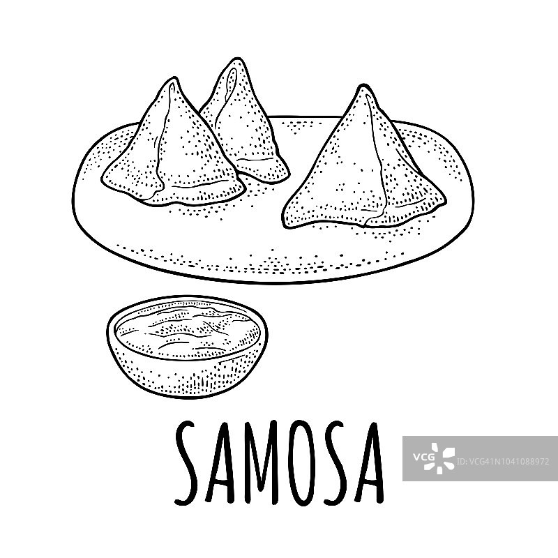 船上的萨莫沙，酱汁装在碗里。向量黑人雕刻图片素材