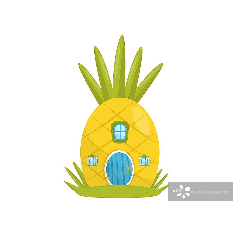 用菠萝制成的小房子，童话般的幻想房子为侏儒，矮人或精灵矢量插图在白色的背景图片素材