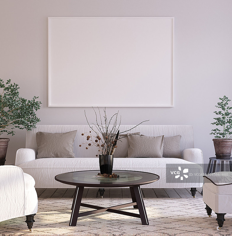 模拟海报背景在客厅室内，斯堪的纳维亚风格图片素材