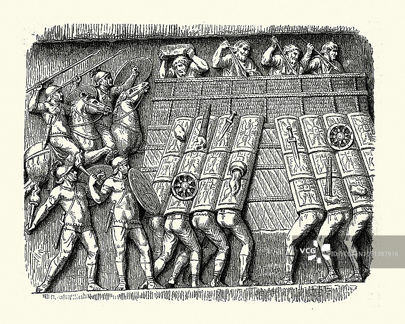 古罗马士兵以Testudo队形攻击蛮族要塞图片素材