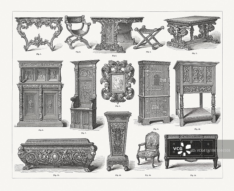 不同风格的家具，从哥特式到洛可可，出版于1897年图片素材
