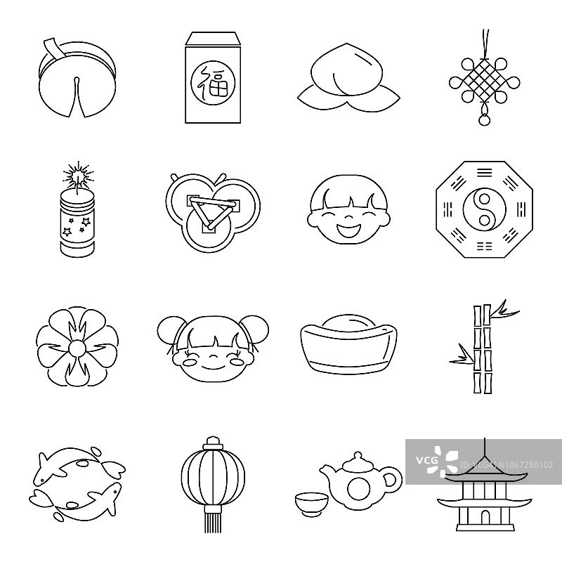 线艺术中国新年派对节日庆祝图标设置矢量插图图片素材