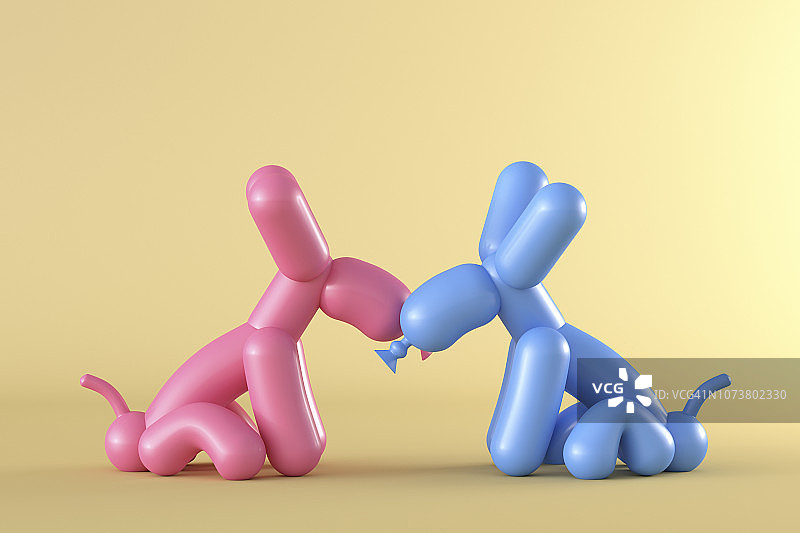 3D渲染，两只气球狗在黄色背景前接吻图片素材