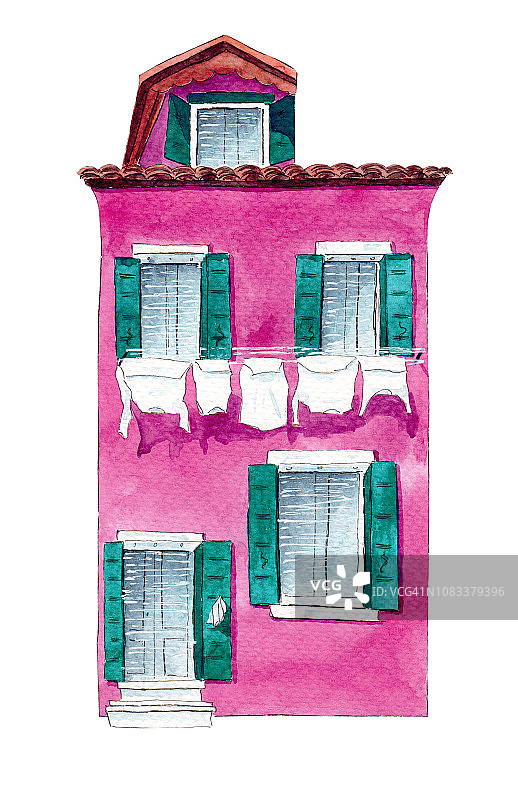 手绘水彩可爱的插图从布拉诺孤立的白色背景的房子。图片素材