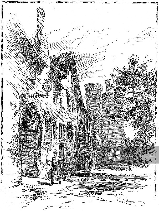 赫特福德郡哈特菲尔德宫的古老宫殿建筑的维多利亚时代黑白版画;19世纪英国乡村家园地产;19世纪浪漫;1892年英语了图片素材