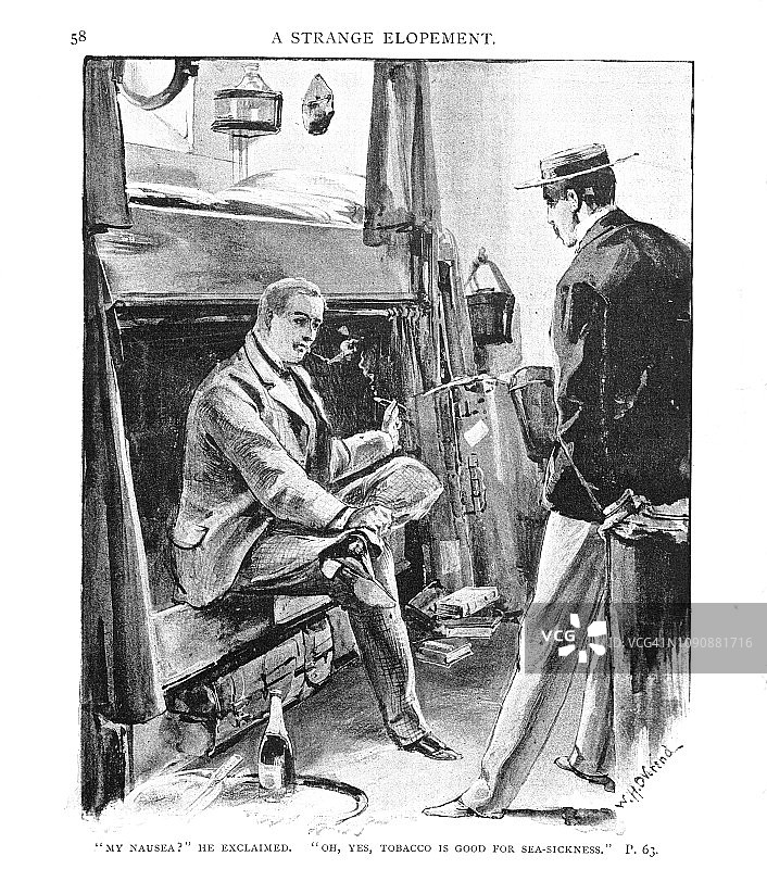 维多利亚时代的黑白版画，画的是两个男人坐在船舱里聊天;19世纪的海上旅行;19世纪浪漫;1892年英语了图片素材