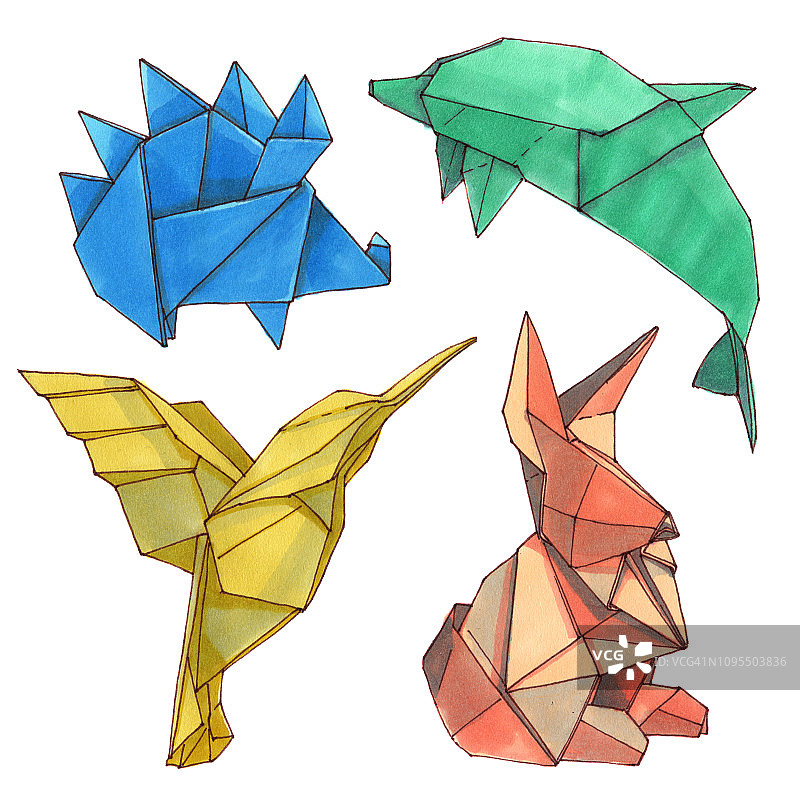 水彩插图折纸动物形状。手绘一套4折纸图形孤立在白色背景。图片素材