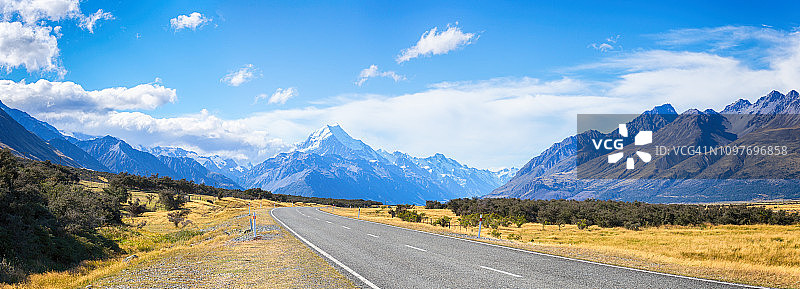 通往库克山国家公园的道路风景，新西兰南岛，旅游目的地概念图片素材