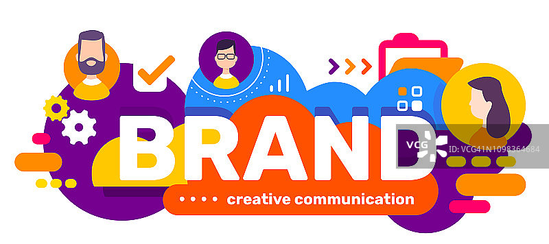 矢量创意插图的商业品牌字排版和人在泡沫在明亮的颜色背景与图标。图片素材