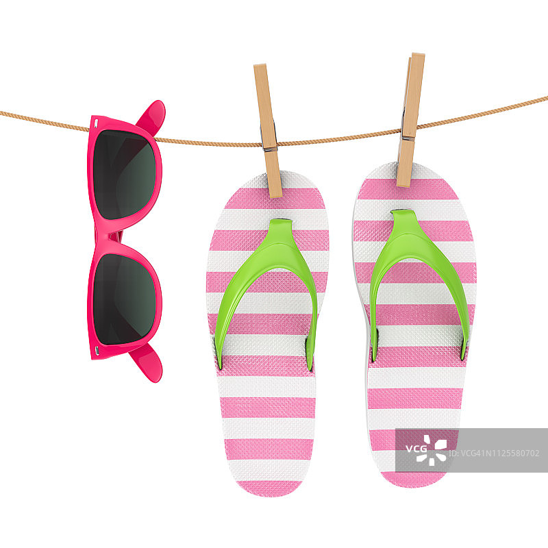 彩色现代人字拖与粉红色太阳镜挂在晾衣绳上。3d渲染图片素材