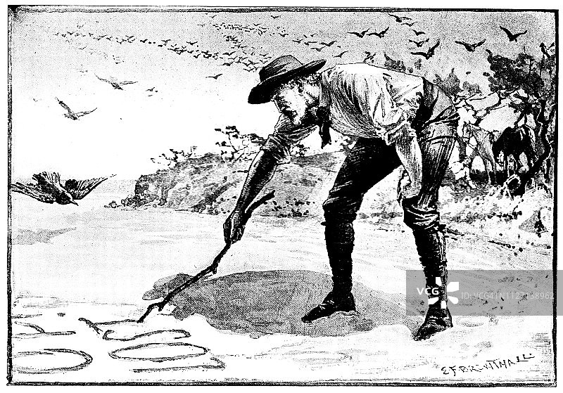 维多利亚时代的黑白故事，讲述了一名男子在沙地上用大字画出的文字;艺术家Edward Frederick Brewtnall;失落在澳大利亚丛林中的19世纪戏剧;1892年英语了图片素材