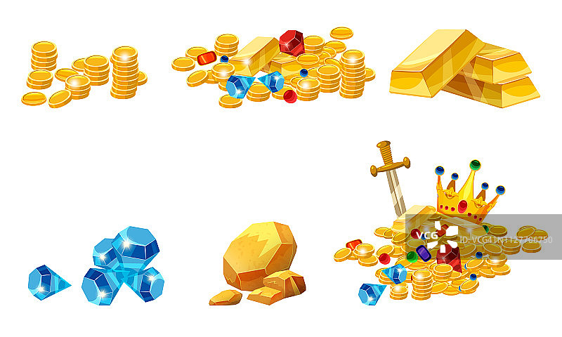 集宝藏，黄金，硬币，岩石金块，酒吧，珠宝，皇冠，矢量，孤立，卡通风格，为游戏，应用程序，白色背景图片素材