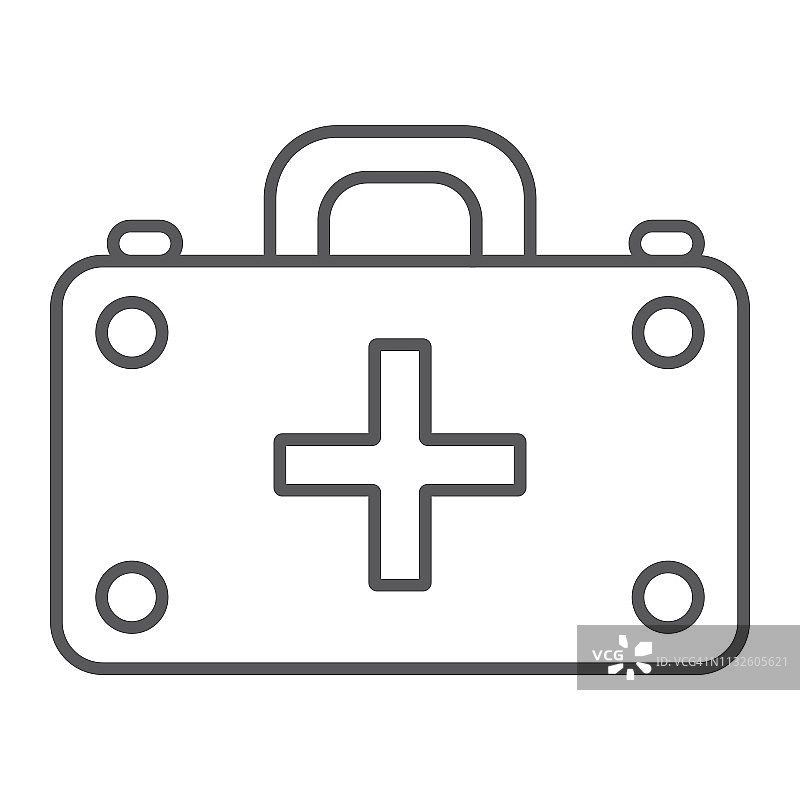 急救箱细线图标，药品和紧急情况，医疗箱标志，矢量图形，白色背景上的线性图案。图片素材