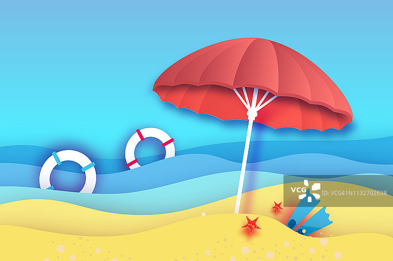 沙滩伞-红色的剪纸风格的阳伞。折纸海洋和海滩与鳍，救生圈。在海滩度假和旅游的概念。图片素材