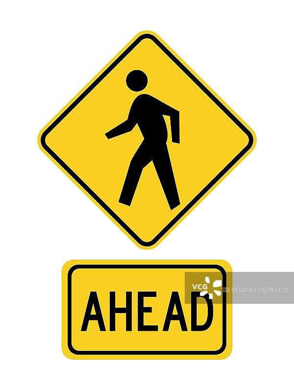 孤立行人人行横道标志在浅绿色板上与字'AHEAD'平面矢量设计图片素材