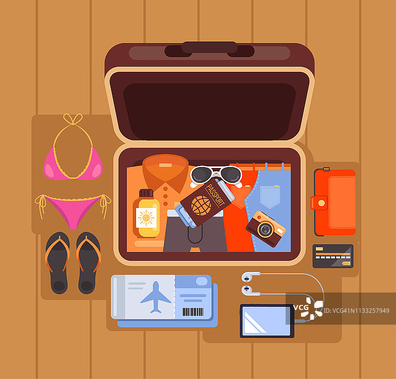 旅行箱打开装满旅行物品的箱子，物品，元素，图标。夏季时光旅游度假概念。矢量平面卡通孤立图形设计插图图片素材