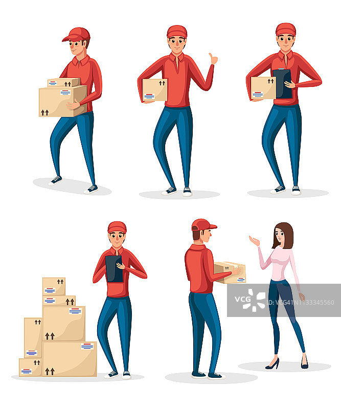 字符收集-不同情况下的送货员。纸板箱。穿红色制服的快递员。卡通人物设计。平面矢量插图孤立在白色背景图片素材