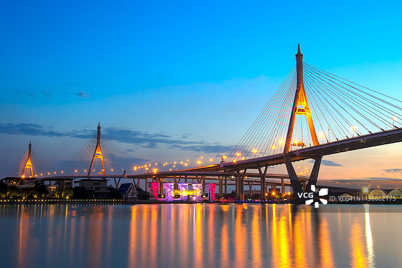 普密蓬大桥(工业环城公路桥)(泰国曼谷)黄昏时分的美丽景色，曼谷高速公路顶视图，高速公路和夜间高速公路图片素材
