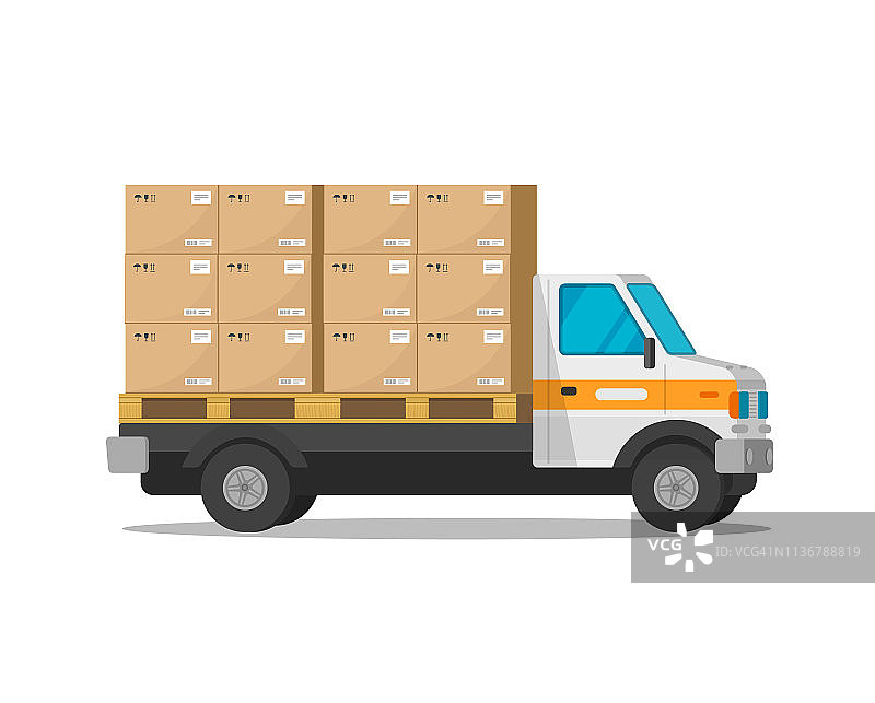 送货卡车隔离与包裹货物箱矢量插图，平卡通货车货车或快递卡车汽车与重负荷包裹剪贴画图片素材