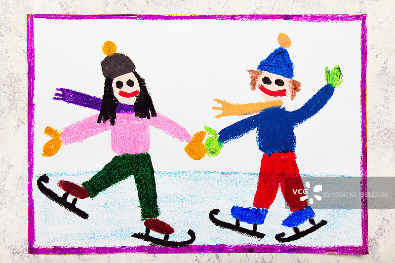 彩绘:微笑的孩子们在溜冰场滑冰图片素材