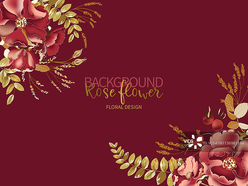 在酒红色的背景上，美丽的红玫瑰和金色的热带树叶组成。图片素材