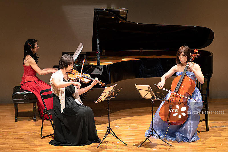 三位音乐家在古典音乐会上演奏小提琴和钢琴图片素材