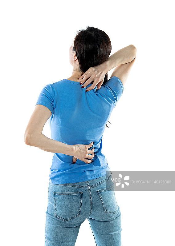 白色背景下颈部疼痛的女性图片素材